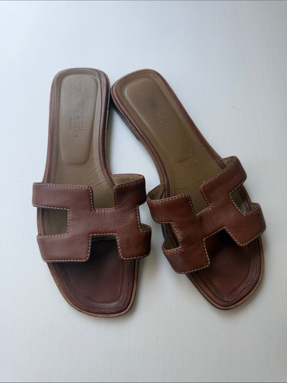 Hermes Brown Oran Leather Slide Sandals
